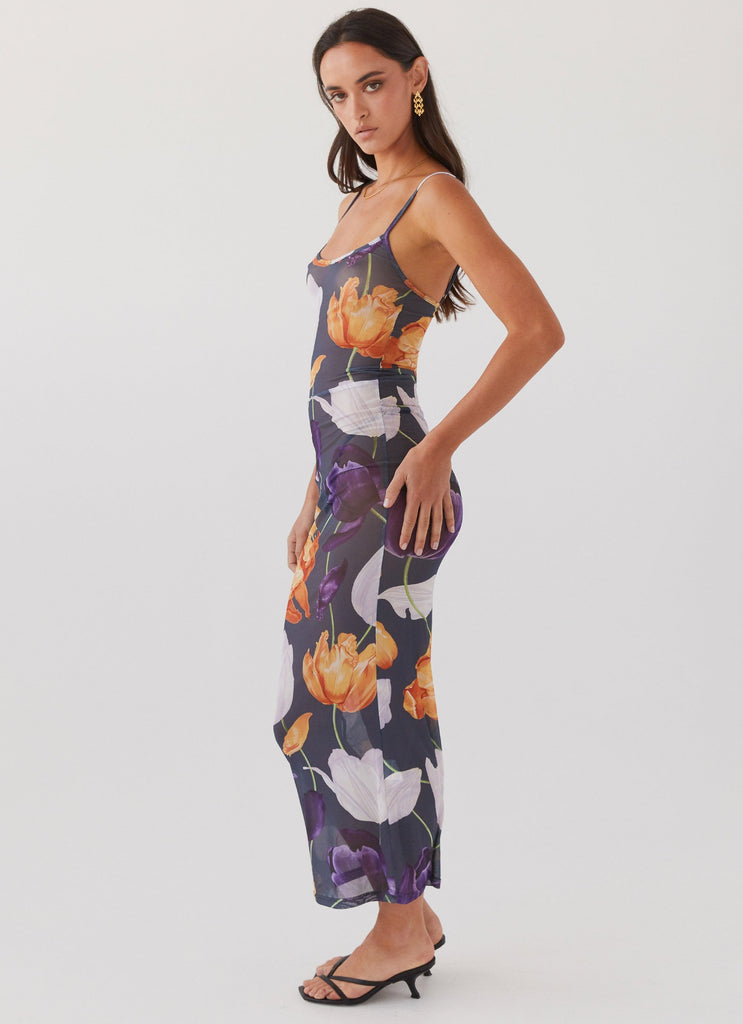 Womens Love On The Run Maxi Dress in the colour Botanical Eclipse in front of a light grey background