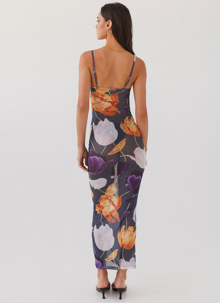 Womens Love On The Run Maxi Dress in the colour Botanical Eclipse in front of a light grey background