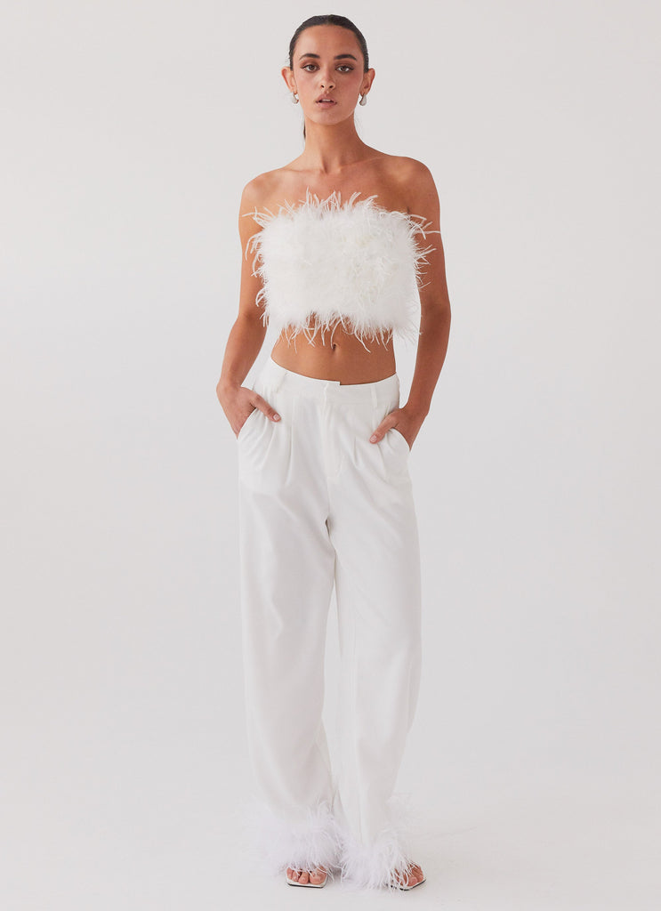 Womens The Night Is Ours Feather Crop Top in the colour White in front of a light grey background