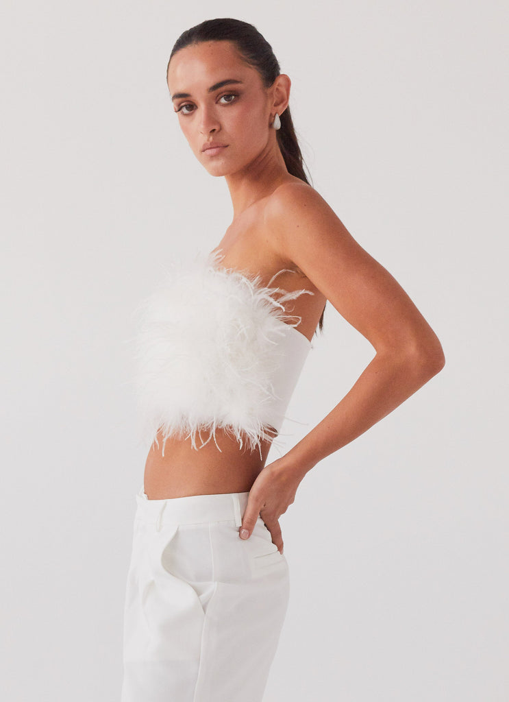 Womens The Night Is Ours Feather Crop Top in the colour White in front of a light grey background