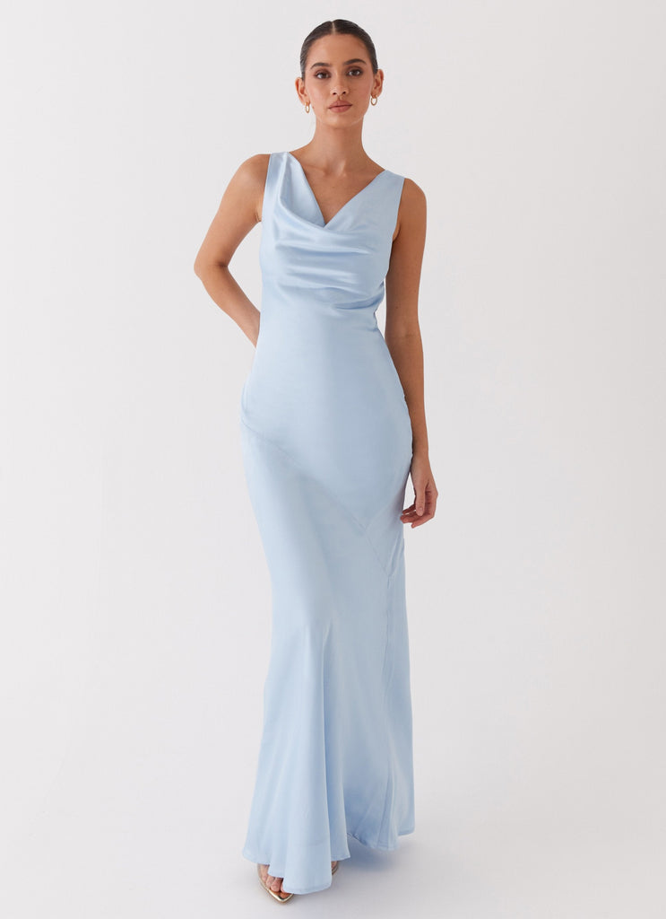 Womens Be Mine Satin Maxi Dress in the colour Blue in front of a light grey background