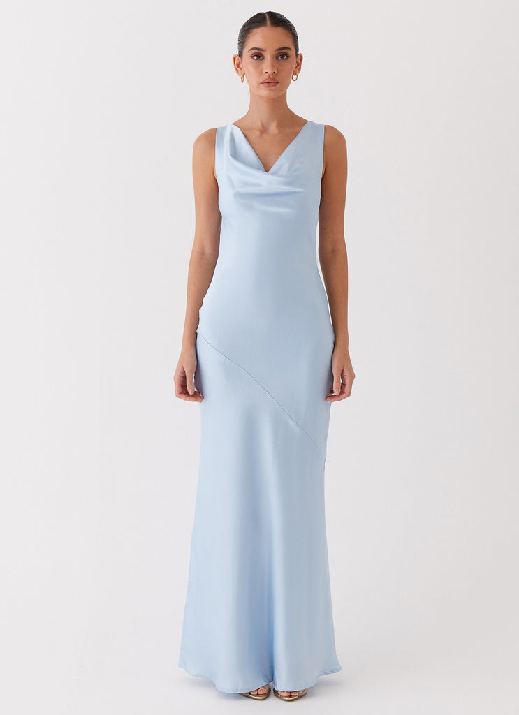 Womens Be Mine Satin Maxi Dress in the colour Blue in front of a light grey background