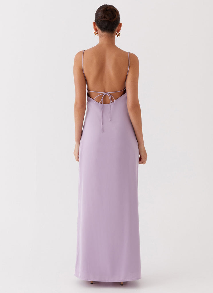 Womens Dream Sight Lace Satin Maxi Dress in the colour Lilac in front of a light grey background