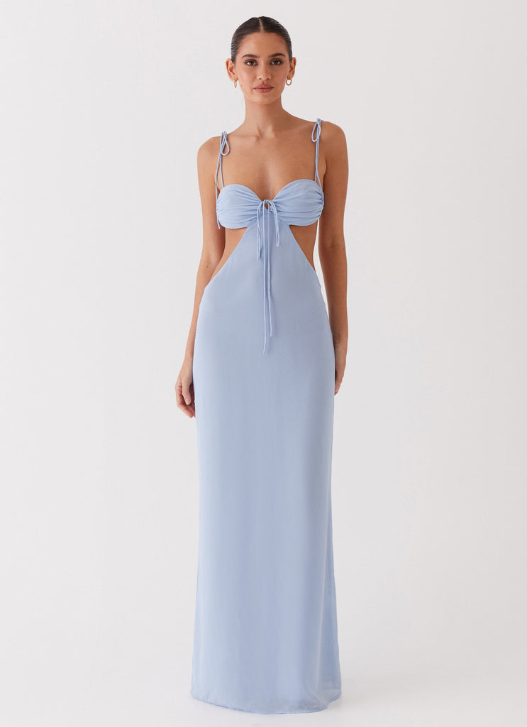 Womens Tyra Ruched Maxi Dress in the colour Blue in front of a light grey background