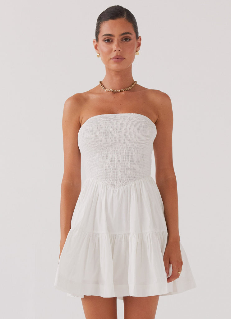 Womens Harper Strapless Mini Dress in the colour White in front of a light grey background