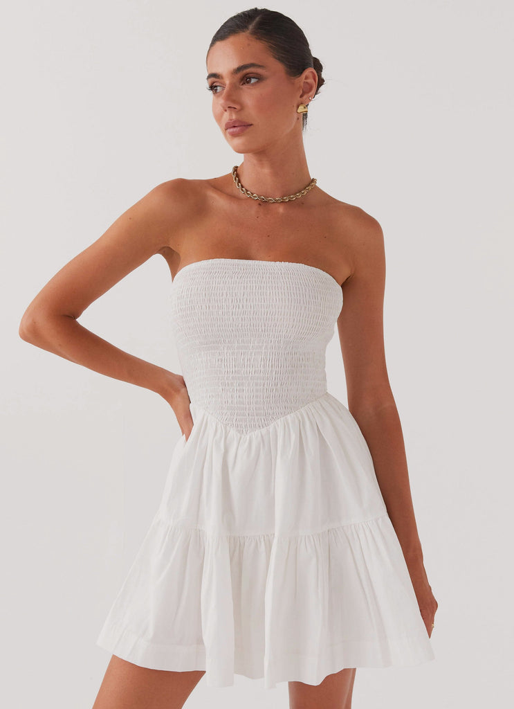 Womens Harper Strapless Mini Dress in the colour White in front of a light grey background