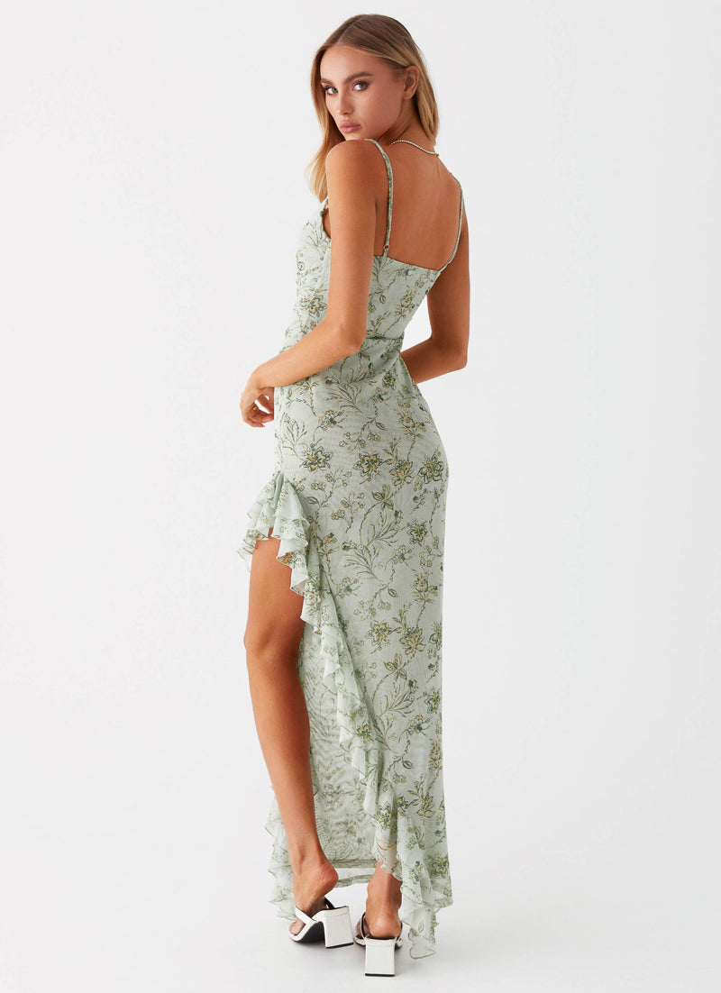 Womens Princessa Maxi Dress in the colour Sage Floral in front of a light grey background