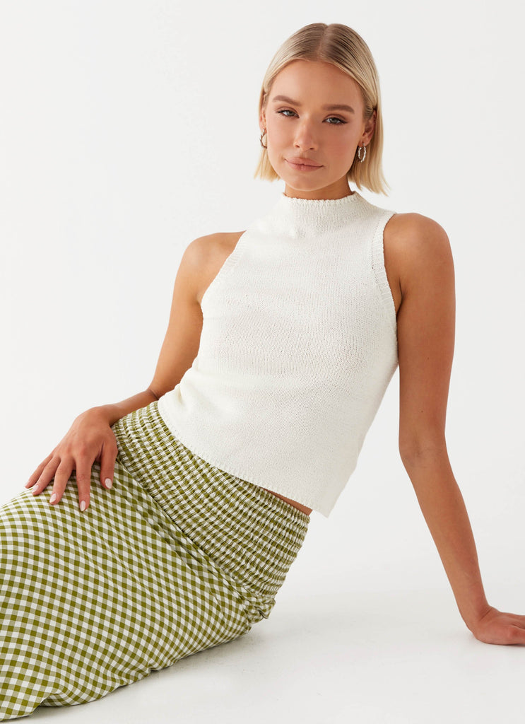 Womens Remmington Open Back Knit Top in the colour White in front of a light grey background