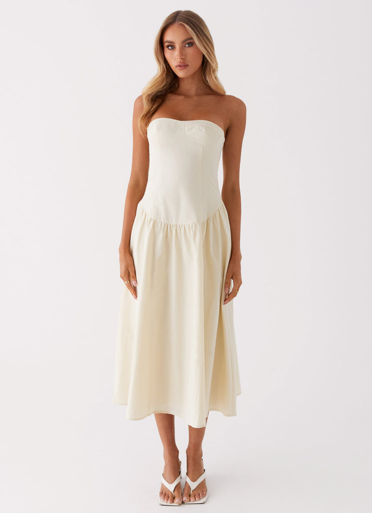 Womens Rosebud Bustier Midi Dress in the colour Ivory in front of a light grey background