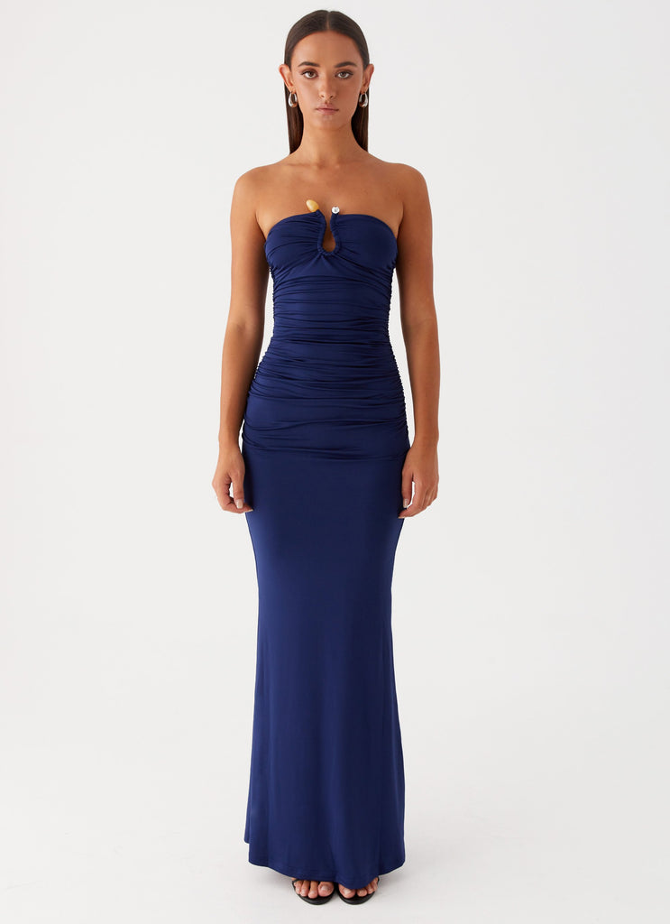 Womens Rudy Maxi Dress in the colour Navy in front of a light grey background