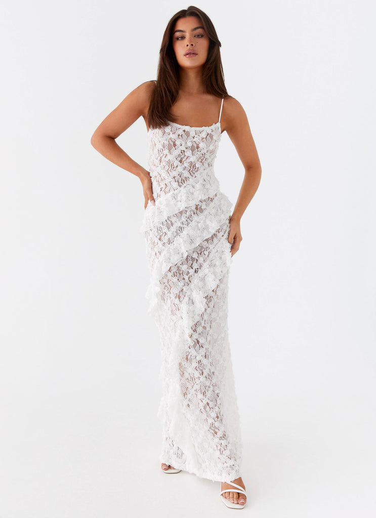 Womens Sansone Frill Maxi Dress in the colour White in front of a light grey background