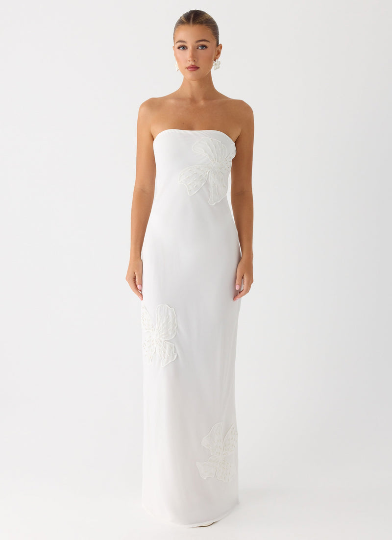 Sassafras Beaded Flower Strapless Maxi Dress - White