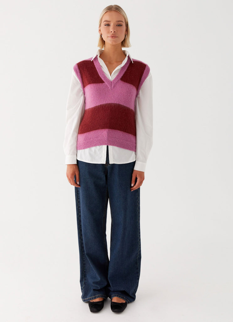 Womens Savannah Fuzzy Knit Vest in the colour Red Pink Stripe in front of a light grey background