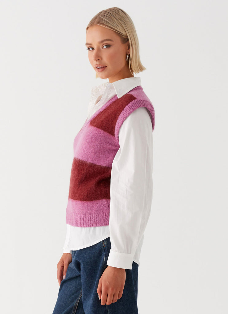 Womens Savannah Fuzzy Knit Vest in the colour Red Pink Stripe in front of a light grey background