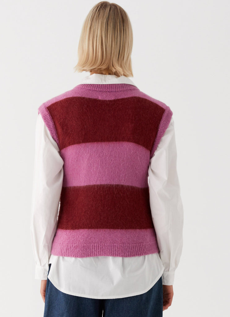 Womens Savannah Fuzzy Knit Vest in the colour Red Pink Stripe in front of a light grey background