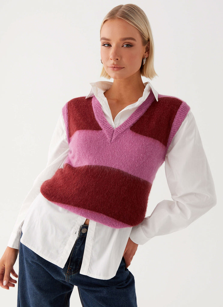 Womens Savannah Fuzzy Knit Vest in the colour Red Pink Stripe in front of a light grey background