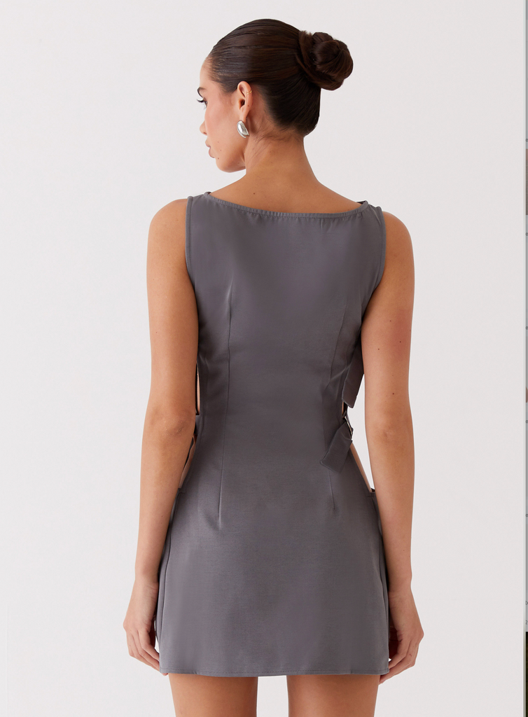 Womens Cherish You Buckle Mini Dress in the colour Charcoal in front of a light grey background