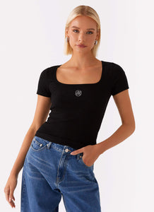 Signature Monogram Square Neck Top - Black