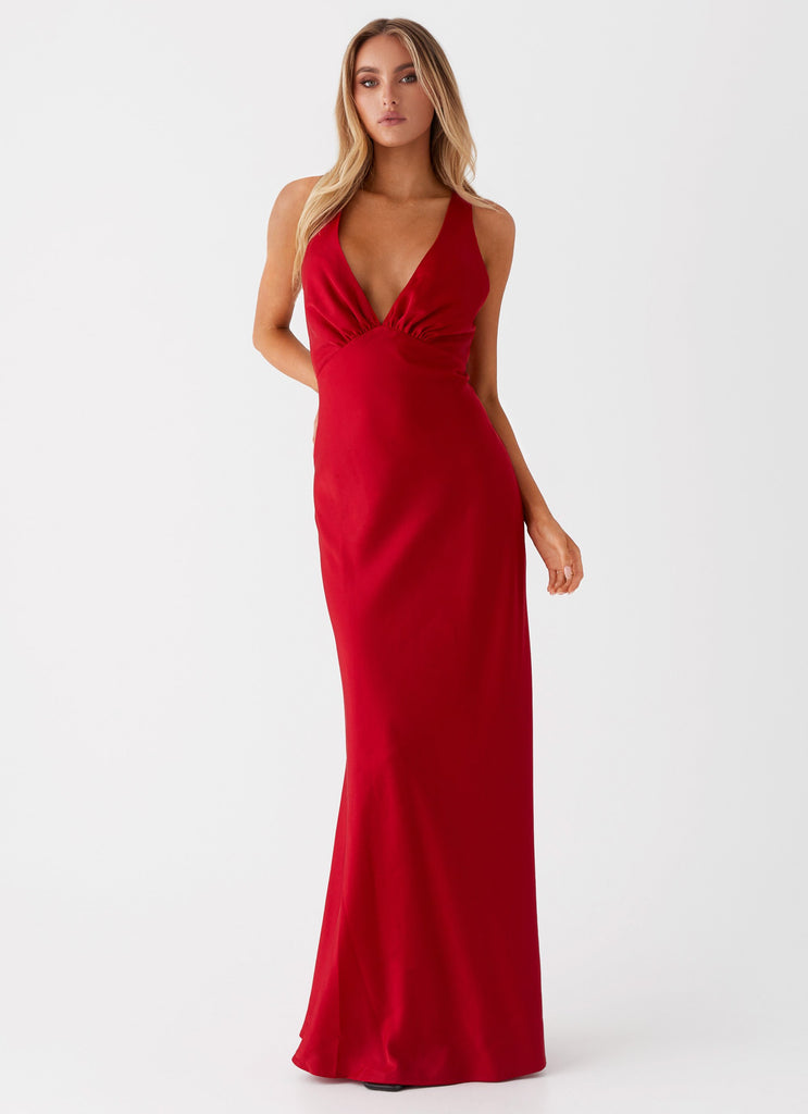 Womens Slyvia Maxi Dress in the colour Red in front of a light grey background