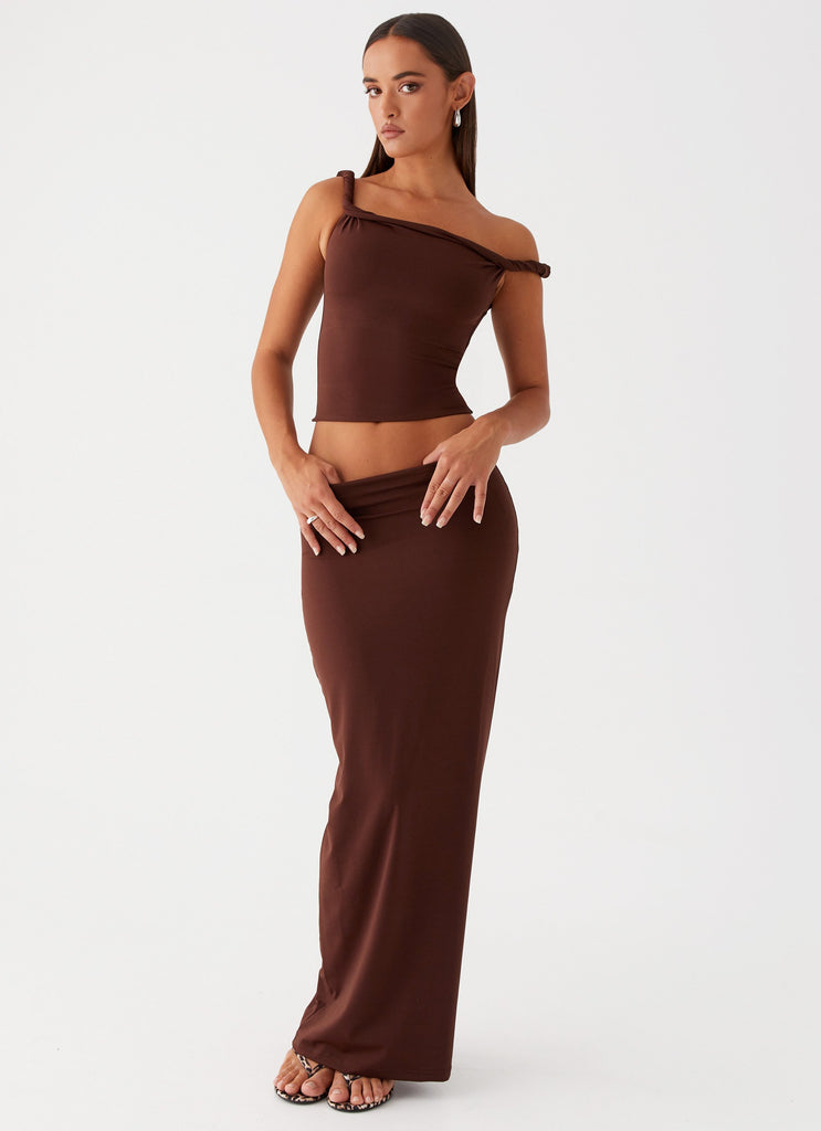 Womens Solace Soul Maxi Skirt in the colour Chocolate in front of a light grey background