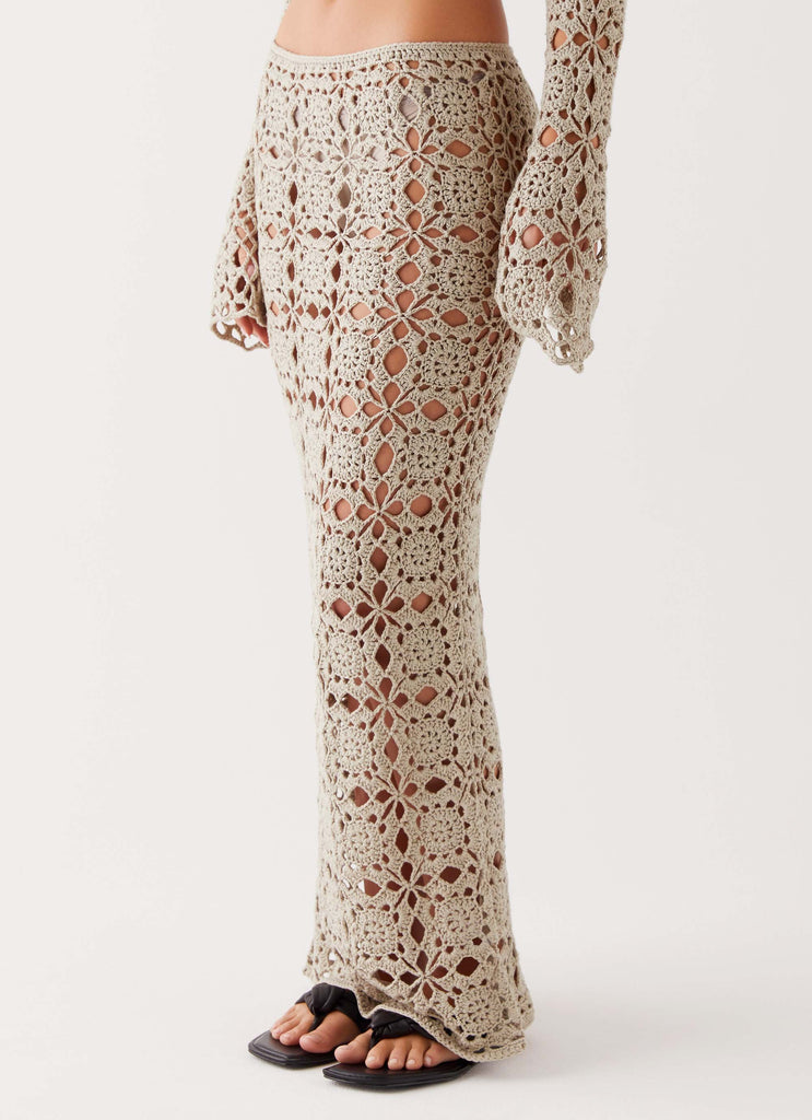 Womens Sierra Crochet Long Sleeve Top  in the colour  Ivory in front of a light grey background