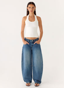 Stevie Low Rise Barrel Leg Denim Jeans - Mid Wash Blue