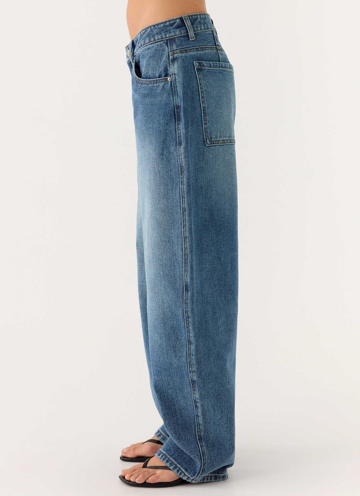 Stevie Low Rise Barrel Leg Denim Jeans - Mid Wash Blue