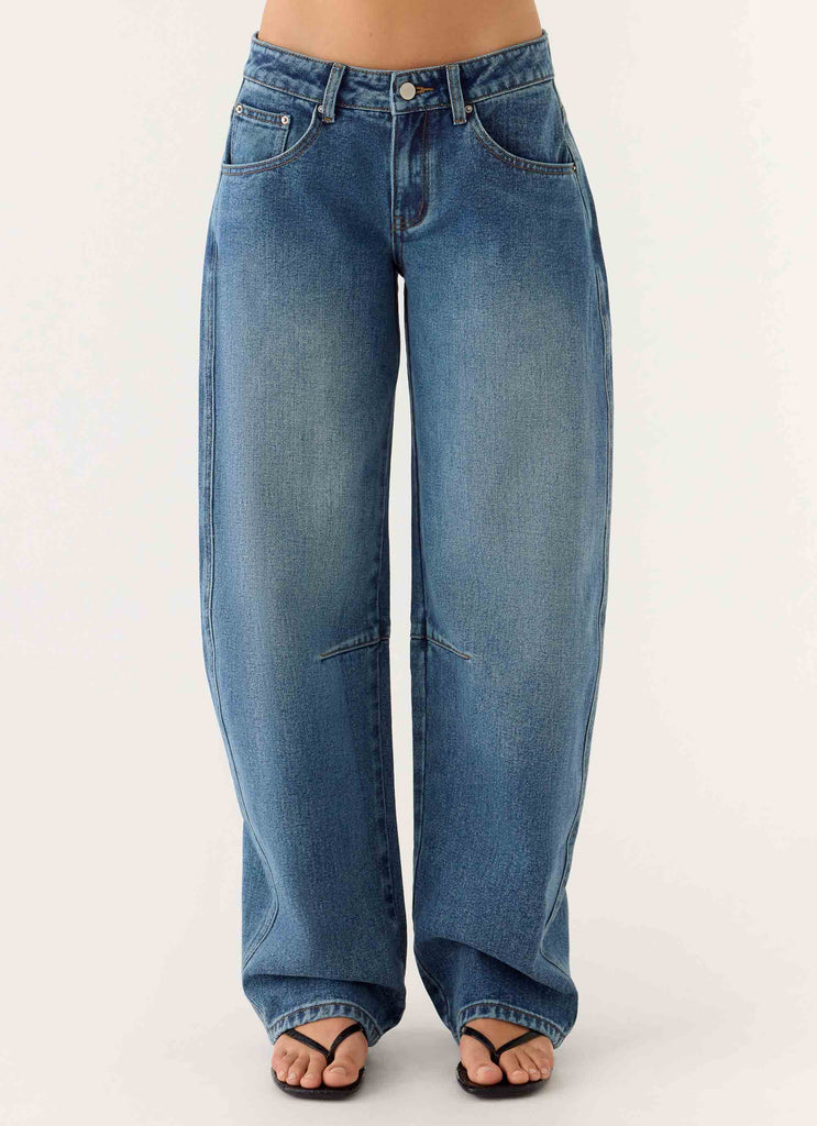 Stevie Low Rise Barrel Leg Denim Jeans - Mid Wash Blue