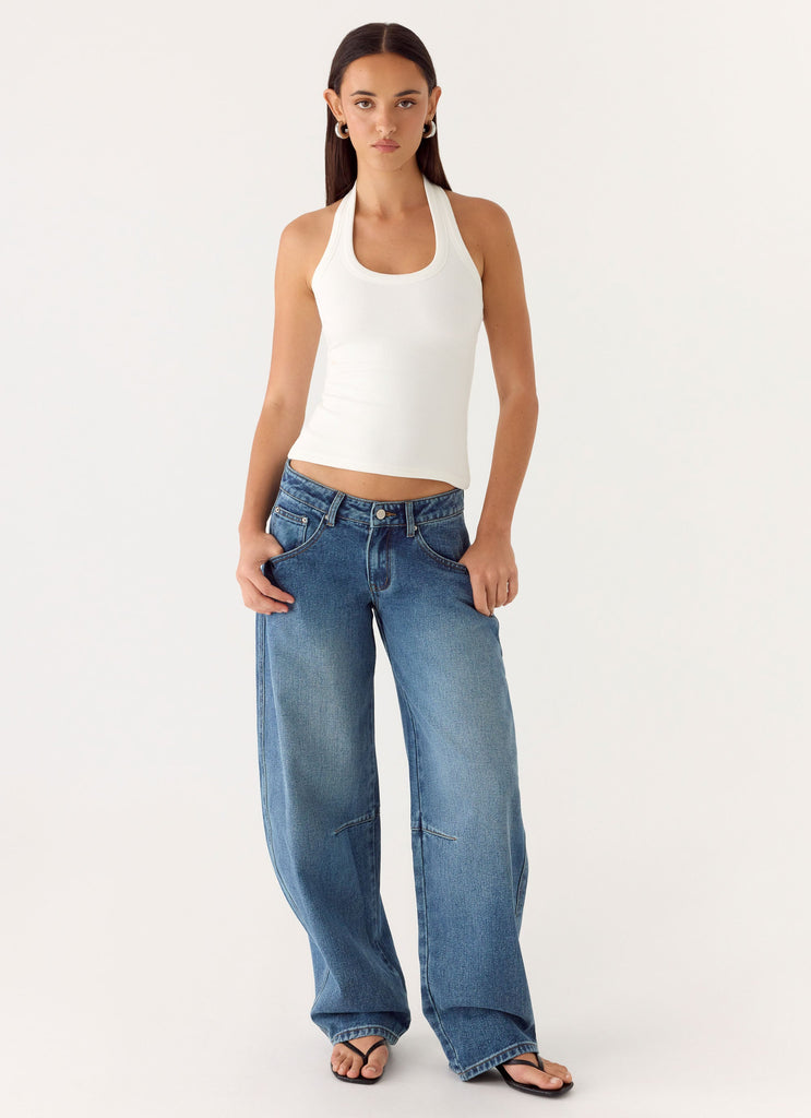 Stevie Low Rise Barrel Leg Denim Jeans - Mid Wash Blue