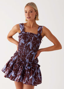 Womens Tenielle Mini Dress in the colour Brown Purple Floral in front of a light grey background