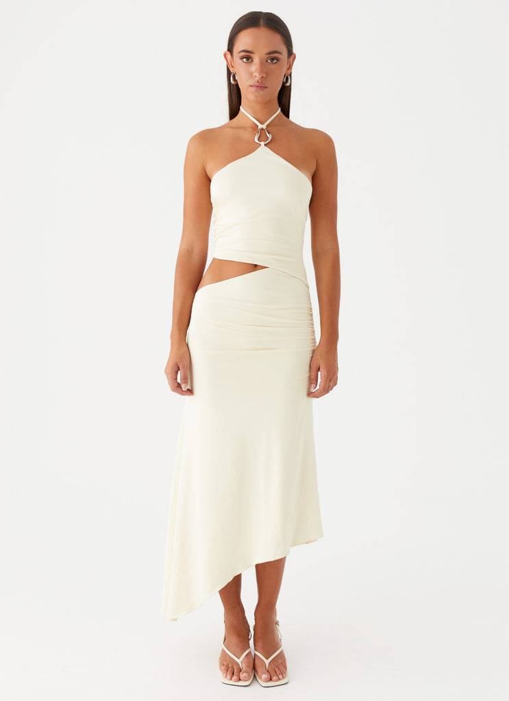 Womens Tasha Maxi Dress in the colour Lemon in front of a light grey background