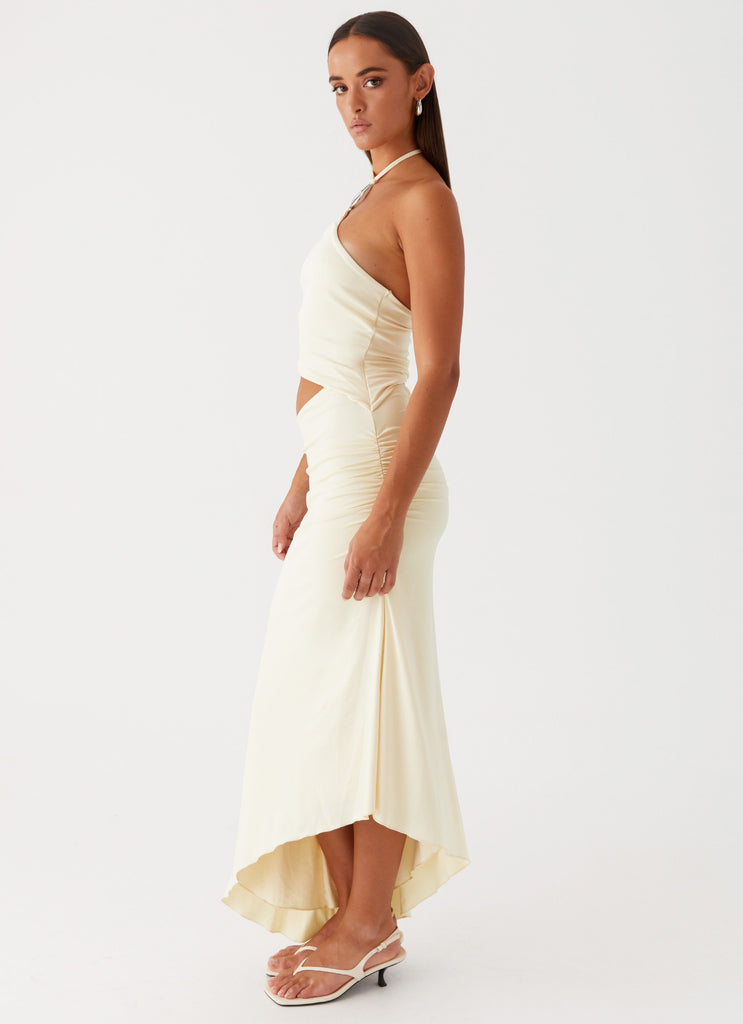 Womens Tasha Maxi Dress in the colour Lemon in front of a light grey background