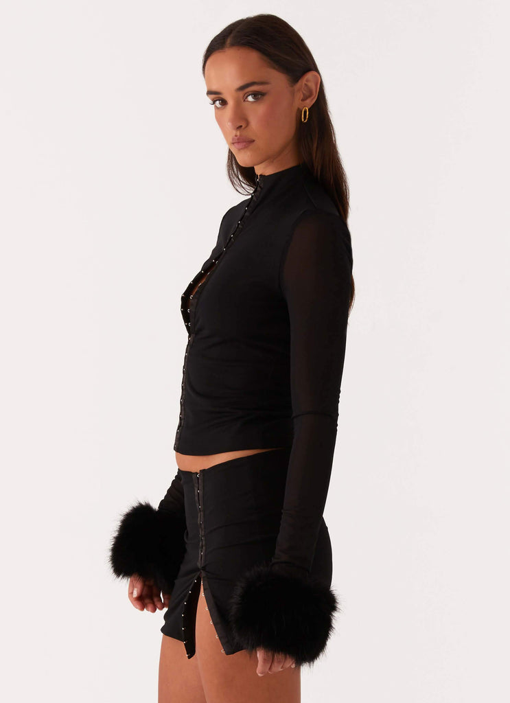 Tayanna Fur Trim Long Sleeve Top - Black