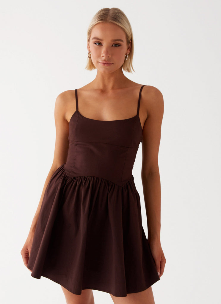 Womens Tesoro Mio Mini Dress in the colour Chocolate in front of a light grey background