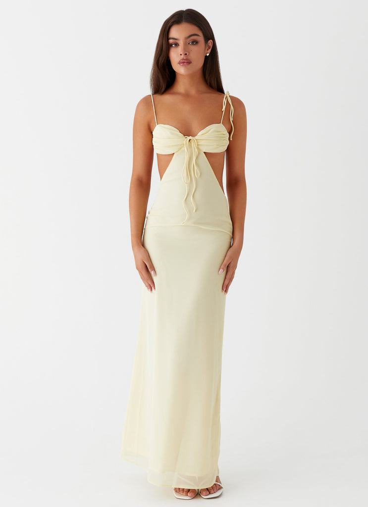 Womens Tyra Ruched Maxi Dress in the colour Yellow in front of a light grey background