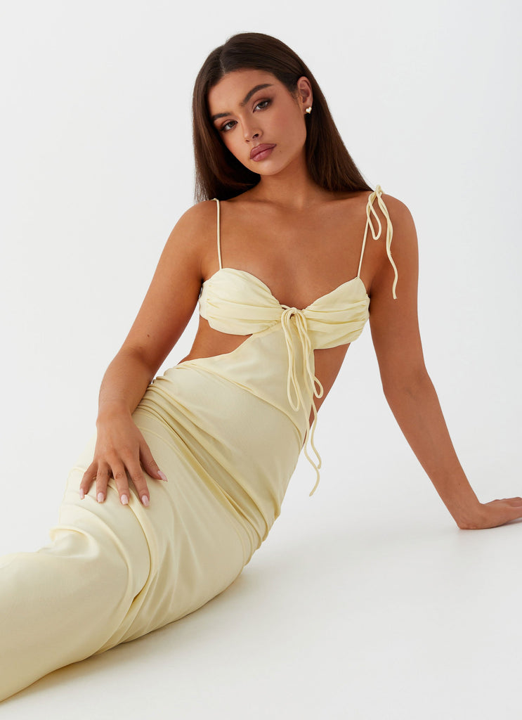 Womens Tyra Ruched Maxi Dress in the colour Yellow in front of a light grey background