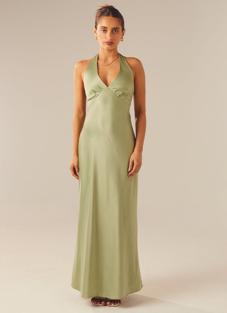 Heavy Hearted Satin Maxi Dress - Sage - Peppermayo