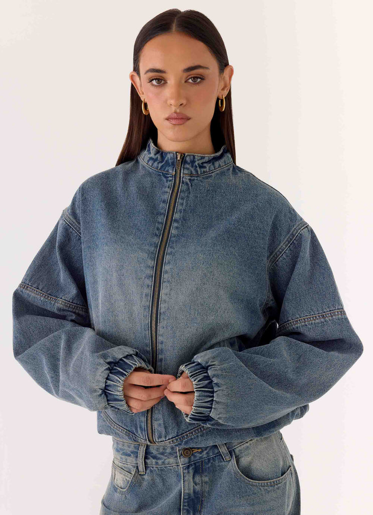 Waylon Denim Bomber Jacket - Mid Wash Blue