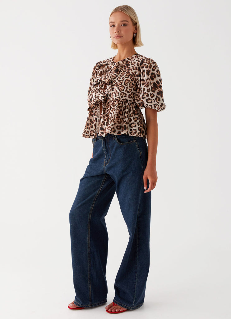 Womens Western Wind Tie Top in the colour Leopard in front of a light grey background