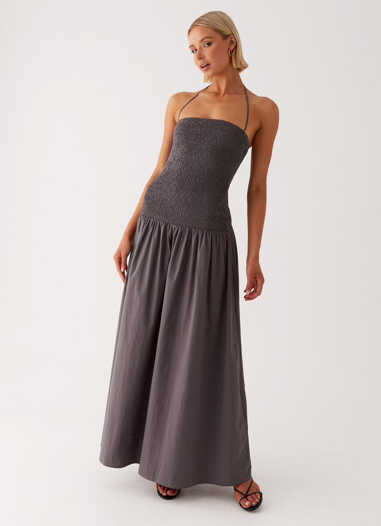 Womens Zahra Maxi Dress in the colour Charcoal in front of a light grey background