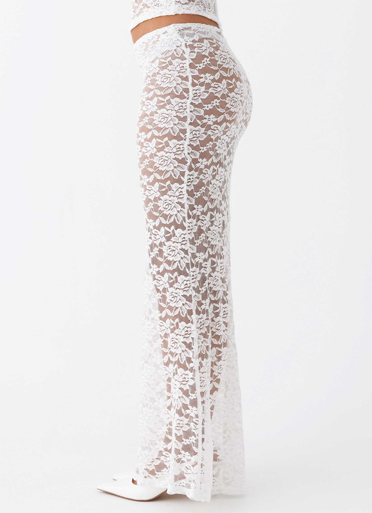 Womens Zephyra Lace Maxi Skirt in the colour White in front of a light grey background