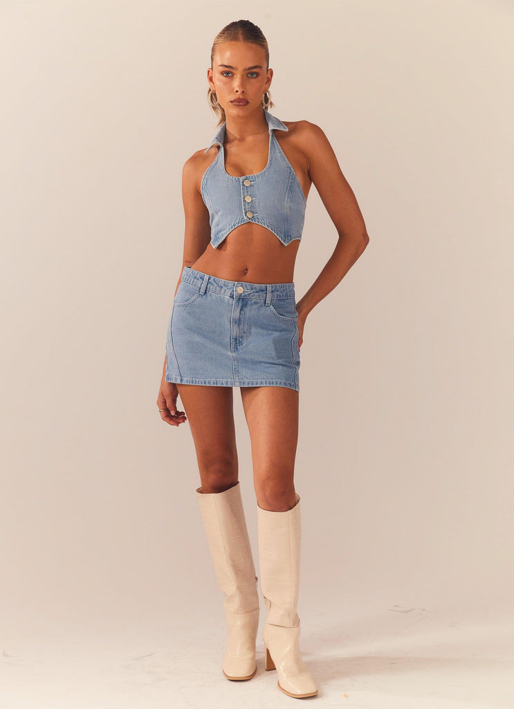 Backstage Pass Denim Vest top - Subdued Blue - Peppermayo